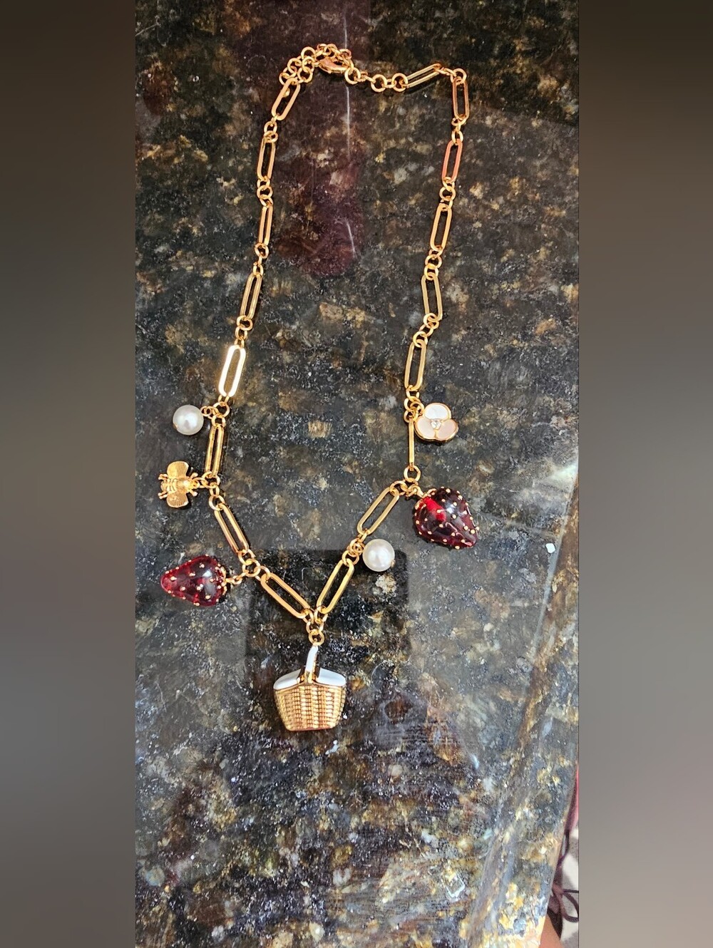 Kate Spade Gold-Tone Charm Necklace with Red Heart & Pearl Accents Picnic Basket